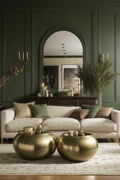 Experiment with this precise design and furnishings in your own area using AI HomeDesign with just one click!Green, Earthy, Elegant, Rococo, Copper, Brass, Olive, Venetian, Dark, Cozy, Luxurious, Sophisticated, Warm, Rich, Opulent#LivingRoom #ColorScheme #EarthTones #GreenPalette #ElegantDesign #RococoStyle #CopperAccents #InteriorDesign #AIHomeDesign #GoldenCharms Hunter Green And Gray Living Room, Earthy Victorian Decor, Green Tv Room Ideas, Dark Green Carpet Living Room, Dark Olive Living Room, Dark Green Salon, Olive Interior Design, Green Wood Living Room, Interior Design Olive Green