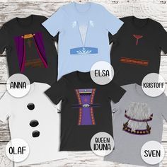 four t - shirts with different designs on them, all in different colors and sizes