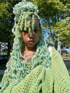 @parentnature on Tiktok Green Locs, Green Braids, People References, Short Locs, Face P, Hairstyle Inspo, Hair Colours