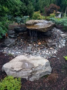 a garden with rocks and water features in the center, surrounded by greenery on both sides