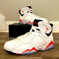 Brand New Air Jordan 7 Retro Infrared Sz 12 With The Box Classic White Basketball Shoes With Red Sole, White Low-top Basketball Shoes With Branded Heel Counter, White High-top Jordan Shoes With Red Sole, White Leather Jordan Shoes With Branded Heel Counter, Nike Jordan Low, Jordan Golf, Jordan 1 Low White, Jordan 4 Bred, Jordan 9 Retro