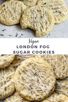 vegan london fog sugar cookies on a baking sheet with the title text overlay