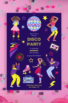 a disco party poster on a wall with confetti