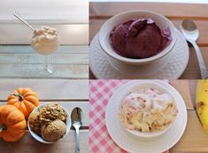 there are four different types of ice creams and desserts on the table together