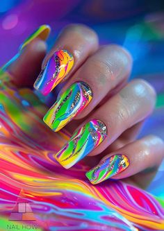 Celebration Nail Art, Neon Vacation Nails, Edc Nails Designs, Trippy Nails, Rainbow Nail Art Designs, Bow Nail Designs, Classy Nail Art Ideas, Pride Nails, Mint Green Nails