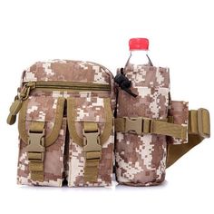 two water bottles are sitting next to each other in the same camouflage bag and one has a red cap on it's head