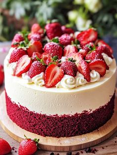 a cake with white frosting and strawberries on top is sitting on a wooden board