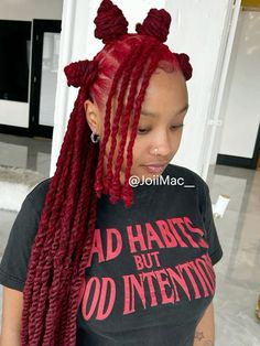 Two Braids Loc Styles, 2 Loc Braids, Loc Styles For Homecoming, Up Do Locs Black Women, Rose Petal Loc Style, Woman Locs Hairstyles, Dark Red Locs Black Women, Cuban Twist Hairstyles Over Locs, Dread Hairstyles Women