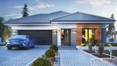 a blue car is parked in front of a house with two garages and a driveway