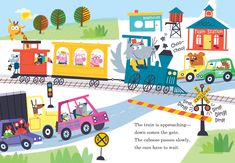 an illustrated children's book about trains and cars with animals riding on the train