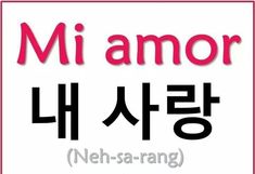 an english and korean language sign with the words mi amor written in black on a white background