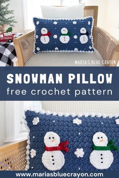 a crocheted snowman pillow is shown with the words, free crochet pattern