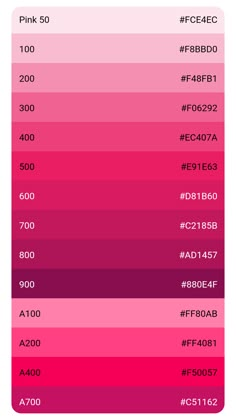 the color chart for pink is shown in red, purple and blue colors with different numbers