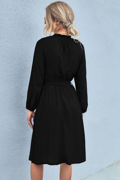 Belted Frill Neck Long Sleeve Dress Elegant Non-stretch Dress For Fall, Non-stretch Elegant Dress For Fall, Chic Solid Color Shift Maxi Dress, Chic Solid Non-stretch Dress, Non-stretch Solid Color Dress For Date Night, Non-stretch Solid Color Midi Dress For Date Night, Plain Dress For Fall, Solid Plain Dresses For Fall, Solid Plain Dress For Fall