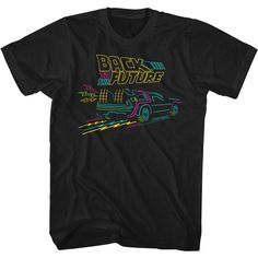 An officially licensed adult Back To The Future T-shirt. The following styles are made of 100% cotton: -Unisex Tee -Tall Tee Perfect for fans of the classic movie Returns/Exchanges: If you suspect the product is defective or an incorrect item has been sent, please email us first. We gladly accept returns and exchanges within 30 days of delivery. If you are not 100% satisfied with your purchase you may return it for a full refund of the original purchase price (SHIPPING NOT INCLUDED). We must rec Neon Graphic Print T-shirt With Crew Neck, Retro Black Shirt With Front Print, Black Tops For Pride Streetwear, Black Screen Print T-shirt For Pride, Neon Graphic Print Short Sleeve Top, Neon Short Sleeve Top With Graphic Print, Black Pride Screen Print Top, Neon Graphic Print Crew Neck T-shirt, Black Screen Print Top For Pride