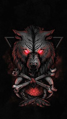 an image of a wolf with red eyes and two crossed swords in front of it