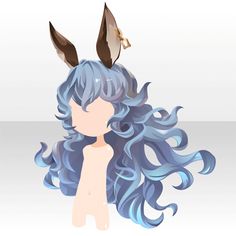 a woman with long blue hair has two horns on her head