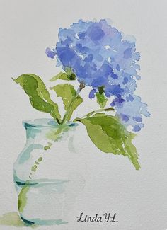 a watercolor painting of blue flowers in a glass vase with the words india 11 on it