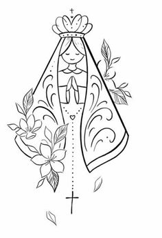 a cross with flowers and leaves on it, as well as the outline for a tattoo