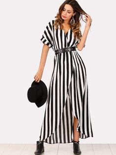 Vestido de rayas con abertura en la parte delantera Front Split Dress, Shirt Maxi Dress, Maxi Shift Dress, Striped Dress Summer, Maxi Shirt Dress, Striped Maxi, Striped Maxi Dresses, Maxi Dresses Casual, White Striped Dress