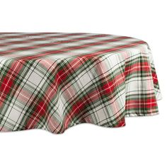 a red and green plaid table cloth on top of a white table with a black border