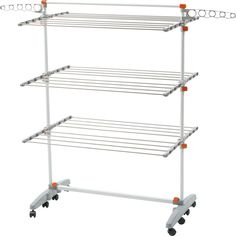 three tiered drying rack with wheels on each side and two orange knobs at the top