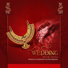 an advertisement for a jewelry store with gold necklaces and earrings on the red background