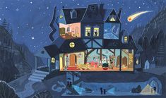 an illustration of a house at night with lights on and people standing in the front yard