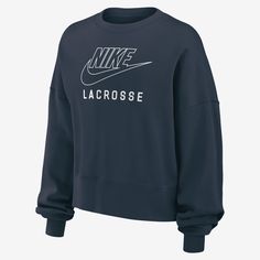 It's your game. Make sure everyone knows in this Nike fleece sweatshirt. Smooth on the outside, slightly fuzzy on the inside, our midweight semi-brushed fleece helps keep you cozy while still being breezy. Nike Phoenix Fleece, Women's Lacrosse, Womens Lacrosse, Nike Fleece, Fleece Sweatshirt, Lacrosse, Blue Fashion, Phoenix, Crew Neck Sweatshirt