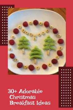 a white plate topped with fruit and veggies in the shape of christmas trees