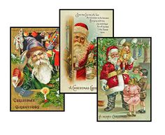 three christmas cards with santa claus and children