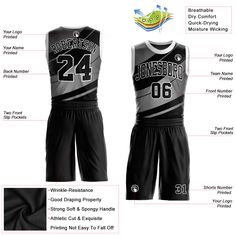 Custom Black Black-Silver Gray Round Neck Sublimation Basketball Suit Jersey Black Sleeveless Top With Sublimation Print, Black Basketball Sublimation Design With Graphic Print, Black Sublimation T-shirt For Team Events, Black Sublimation Design T-shirt For Team Events, Black Sublimation Design With Team Name For Basketball, Black Breathable Basketball Jersey, Black Sleeveless Team Spirit Jersey, Black Sleeveless Jersey For Team Spirit, Black Sleeveless Basketball Jersey