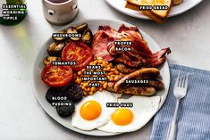 an english breakfast with eggs, bacon, beans and toast on a plate next to a cup of coffee