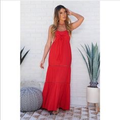 Beautiful Red Maxi Dress With Tie Front Detail, Adjustable Straps, Textured Material. Zipper Closure In The Back. Chic Red Maxi Dress For Holiday, Red Summer Maxi Dress For Holiday, Chic Red Sundress For Brunch, Casual Red Maxi Dress For Holiday, Casual Red Holiday Maxi Dress, Red Maxi Dress For Brunch, Red Sundress Maxi Dress For Holiday, Red Summer Sundress For Holiday, Red Maxi Sundress For Day Out