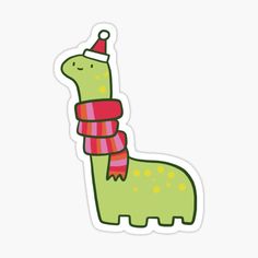 a green sticker with a red and pink scarf around it's neck, wearing a santa hat