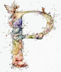 the letter p is made up of flowers and butterflies