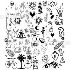 a bunch of different types of tattoos on a white background with black and white ink