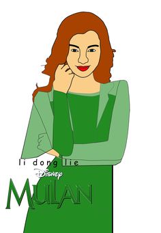 a woman with red hair wearing a green dress and holding her hand on her chin