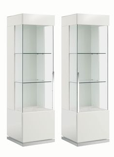 two white display cases with glass doors on each side and one in the middle, against a white background