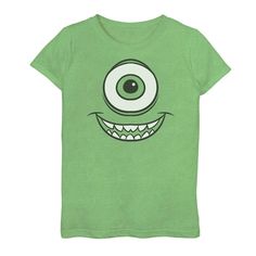 a green t - shirt with an evil eye on it's chest and mouth