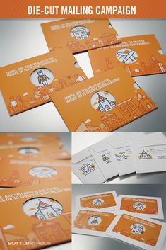 an orange and white business card with the words die cut mailing campaign