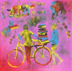 two children are playing with books on a bicycle