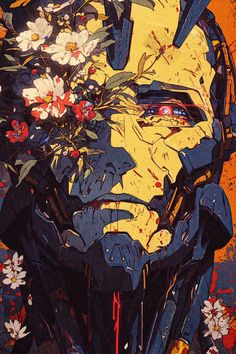 a painting of a man's face with flowers in his hair and an orange background