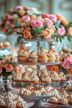 cupcakes and muffins are displayed on three tiered trays with flowers in the background