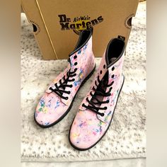 Dr. Martens, 8, 10, Confetti, New With Tags, And Suede. Rainbow Hues Splash Over A Soft Suede Sneaker-Boot Cushioned By Doc Marten's Signaure Airwair Bouncing Footbed And Supported By A Grippy Sole. 1 1/2" Heel; 1 3/4" Platform Leather Upper/Synthetic Lining And Sole Spring Lace-up Boots With Rubber Sole, High-top Boots With Rubber Sole For Spring, Spring High Ankle Boots With Rubber Sole, Pink Ankle Boots For Summer, Casual Pink Flat Heel Boots, Summer Pink Ankle Boots, Pink High Ankle Summer Boots, Pink High Ankle Boots For Summer, Casual Pink Boots With Rubber Sole