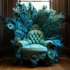 a blue chair with peacock feathers on it in front of a window and wooden floor