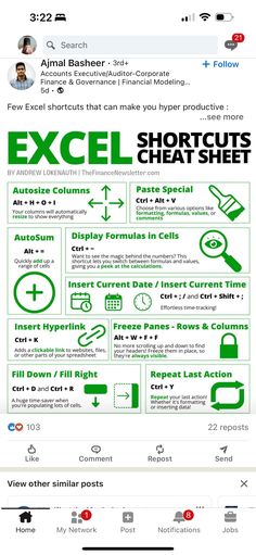 an info sheet with the words excel shortcuts and other information about each item