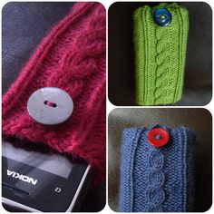 four different images of cell phone cases with buttons on them, one in blue and the other in green