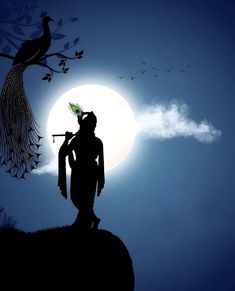 the silhouette of a person holding a flute in front of a full moon with birds flying overhead