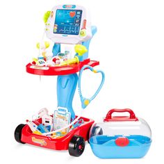 a toy car with an electronic tablet on it's back and other toys in the background